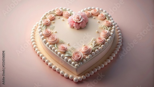 A Delicate Heart-Shaped Cake Adorned with Exquisite Sugar Roses and Pearls, Perfect for a Romantic Celebration