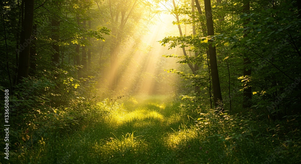 Fototapeta premium A forest path is illuminated by the sun, creating a peaceful