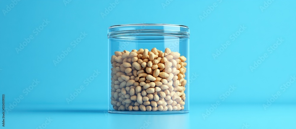 A transparent glass jar filled with shelled seeds or nuts A transparent glass jar filled with shelled seeds or nuts