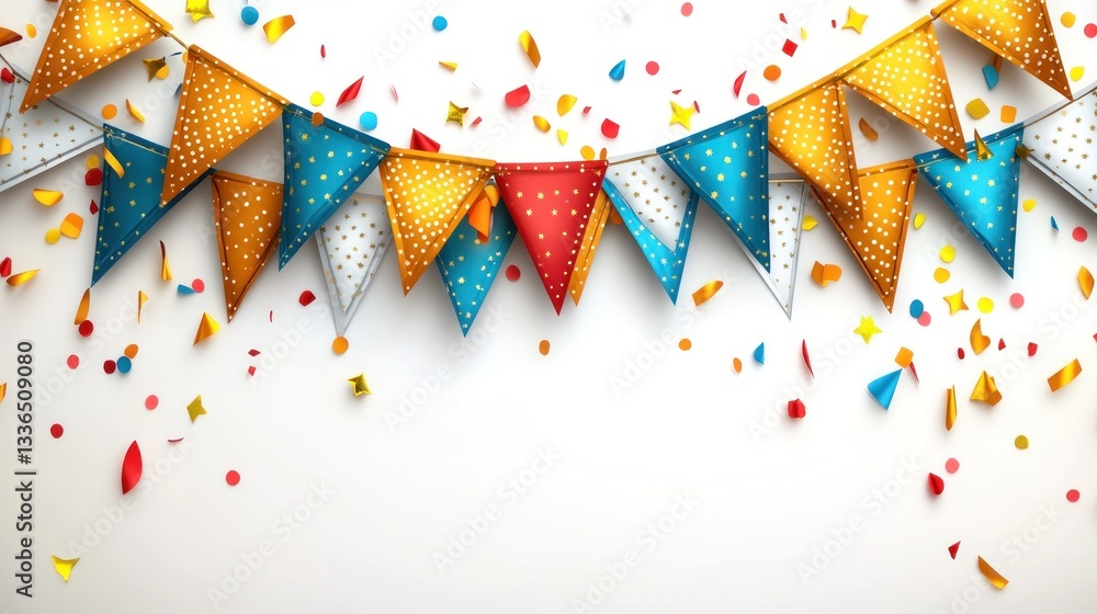 Obraz premium Colorful pennant banner with confetti on a white background is shown