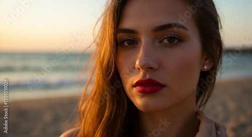 Woman beach portrait, warm, posing against sunset beach background
