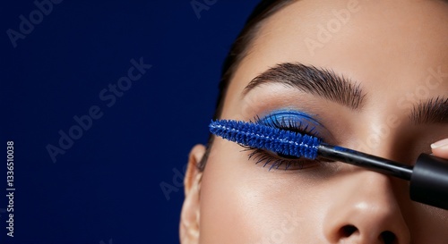 Eye with blue mascara, applying, close-up against dark blue background