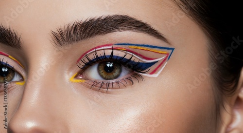 Eye with colorful graphic eyeliner, modern, close-up against neutral background