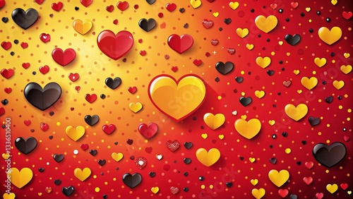 A vibrant array of red, yellow, and black hearts scattered across a warm gradient background, creating a festive and joyful design.