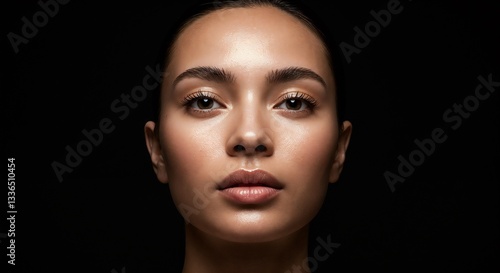 Woman with tan skin, serene, posing against black background