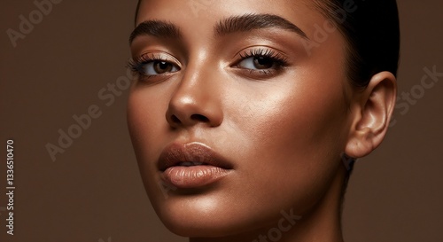 Woman close-up portrait, neutral, posing against muted brown background