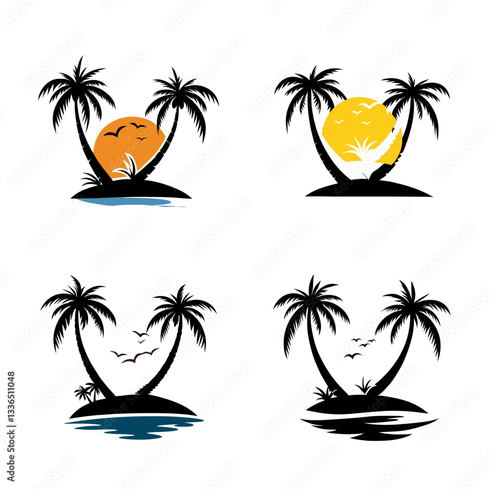 Fototapeta premium Set of Sea beach sun coconut tree