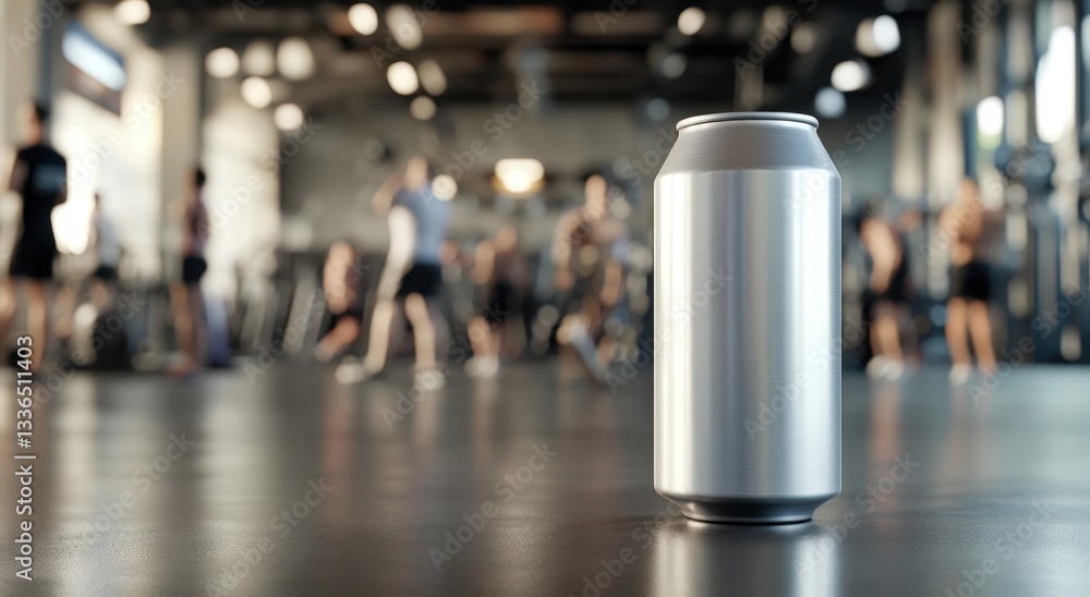 Aluminum can standing on floor in gym with athletes training Aluminum can standing on floor in gym with athletes training