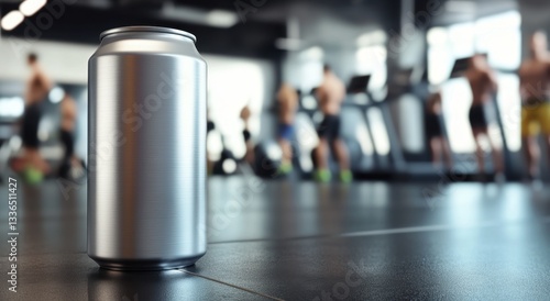 Aluminum can standing on floor in gym with athletes training