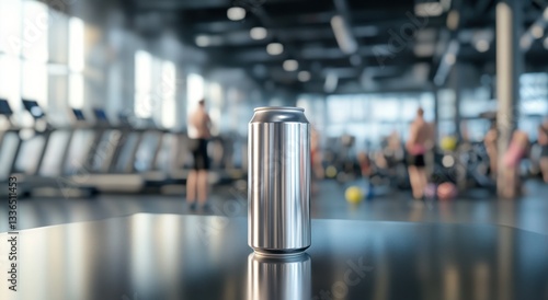 Aluminum can standing on table in busy gym with athletes training