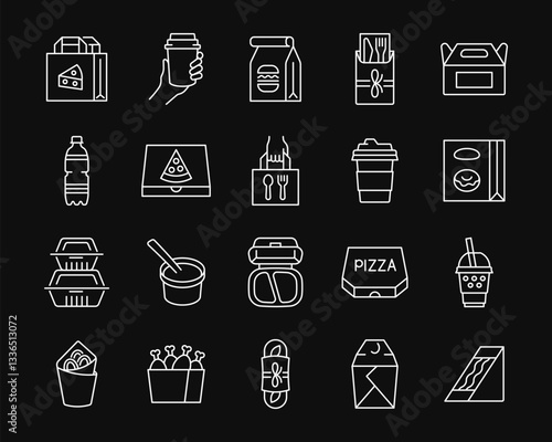 Take away food and drink line white icon set on black background. Fast food package. Delivery service vector collection. Editable stroke.