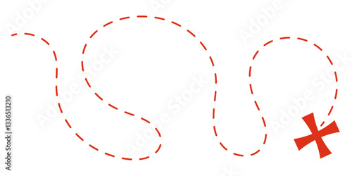 Treasure map element. A reddashed line and red X mark ink on the map, the treasure map with a dotted line, X marks the spot, dashed line to an X	
