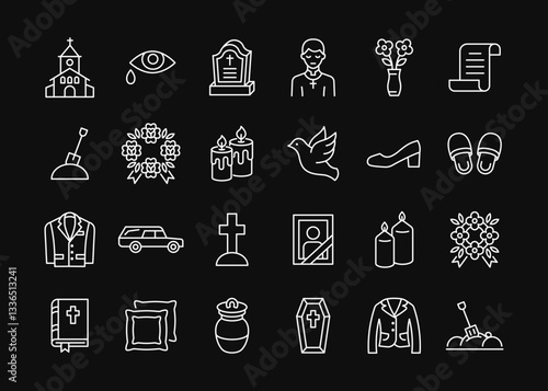 Funeral agency line white icon set on black background. Hearse, coffin, dove, gravestone, wreath, suit, bible, priest flat vector cymbol. Editable stroke.