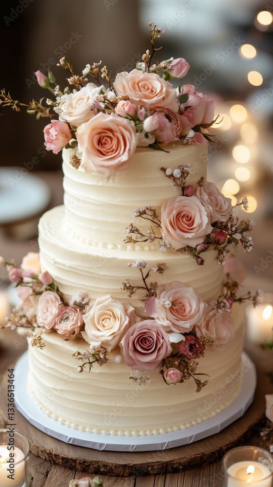 Charming Three-Tier Cream Wedding Cake Adorned with Pink Roses and Floral Details Charming Three-Tier Cream Wedding Cake Adorned with Pink Roses and Floral Details