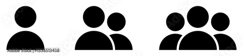 Black user and group icons showing single person, two people, and team. Vector design perfect for social media, community, communication, profiles, networks, and team concepts. Icons, vector.