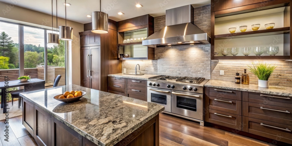Modern kitchen design with granite countertops, stainless steel appliances, and natural light from expansive windows overlooking a serene landscape. Modern kitchen design with granite countertops, stainless steel appliances, and natural light from expansive windows overlooking a serene landscape.