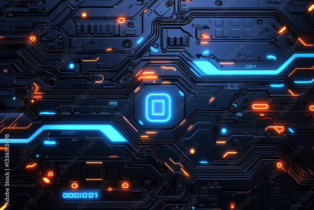 Futuristic cybernetic circuitry: blue and orange glowing microchips with complex digital patterns
