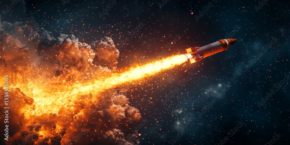 Rocket launch with fiery trail, powerful engines pushing it into deep space