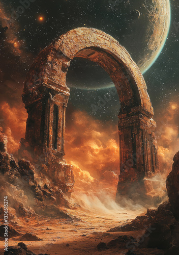 Obraz na płótnie Rusted, mechanical arches from a forgotten off-world civilization, dusty planet w salonie