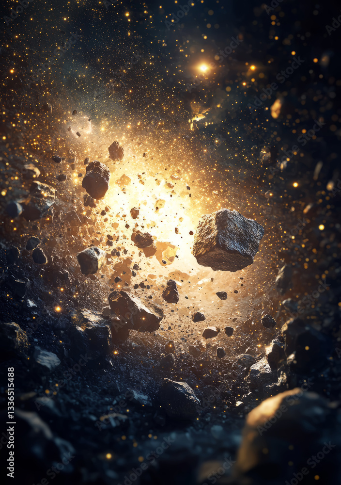 Stunning view of an asteroid belt with massive floating rocks and cosmic dust