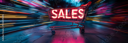Obraz na płótnie Neon Shopping Cart with Sales Sign in Store w salonie