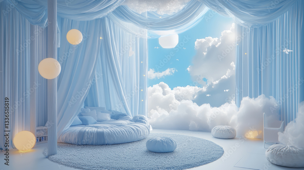 Dreamy cloud-themed children's room with volumetric white furniture and light blue accents