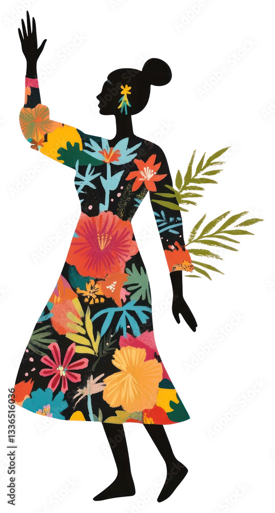 Obraz premium PNG Floral memphis woman waving hand art silhouette vibrant.
