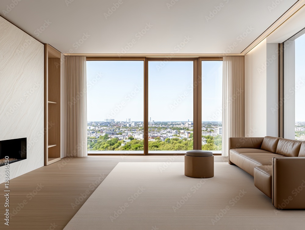 Fototapeta premium Modern minimalist living room with city view and natural light streaming in