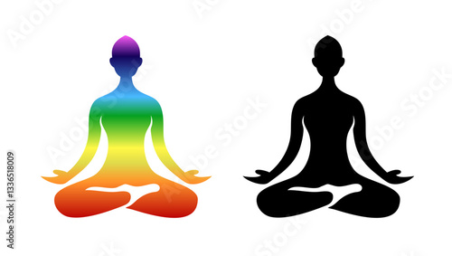 Meditating person icons, colorful gradient and black silhouette, represent mindfulness and wellness