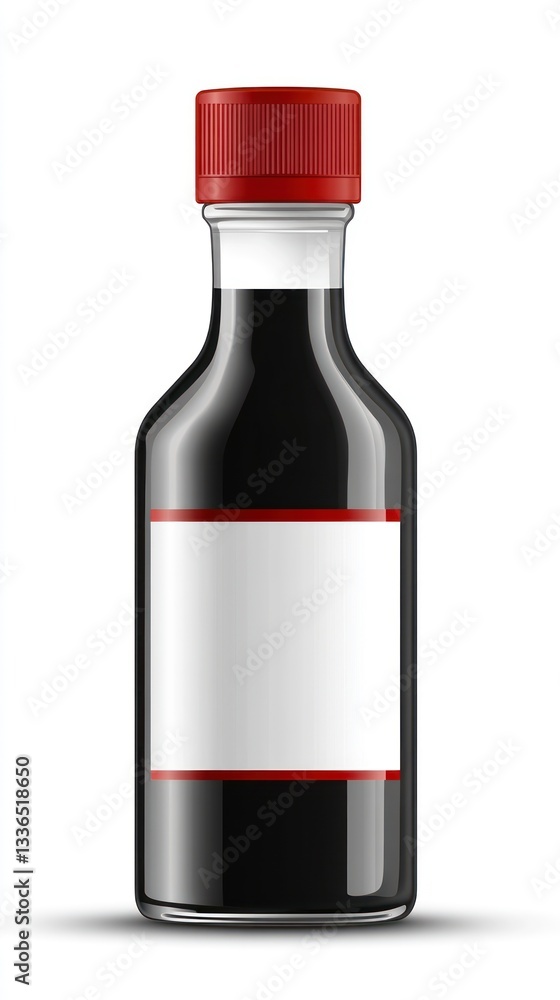 A glass bottle filled with dark liquid and red cap A glass bottle filled with dark liquid and red cap