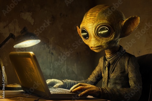 Alien Working on a Laptop in a Dimly Lit Room