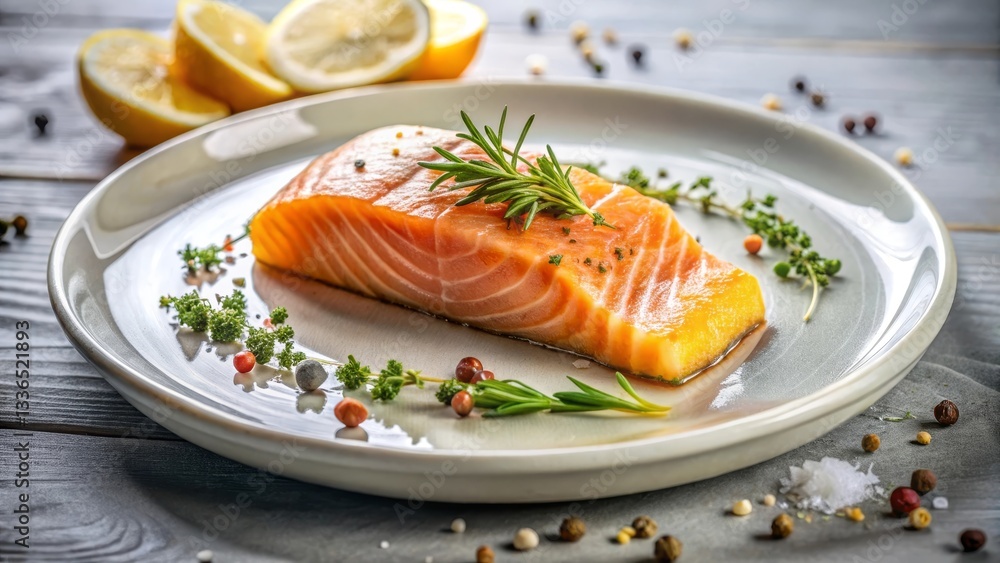 A Delicate Salmon Fillet, Seasoned and Garnished with Herbs, Ready for a Gourmet Meal A Delicate Salmon Fillet, Seasoned and Garnished with Herbs, Ready for a Gourmet Meal