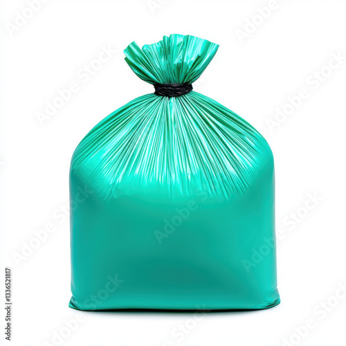 Environmentally friendly green trash bag designed for waste disposal and recycling purposes showcasing durability and functionality with ample copy space for textual content