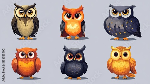 Wallpaper Mural A detailed vector illustration of six cute owls in various poses, designed for educational resources and posters. Torontodigital.ca