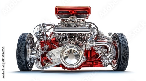 Close-up of a powerful, red, custom-built V8 engine with attached wheels, isolated on white background.