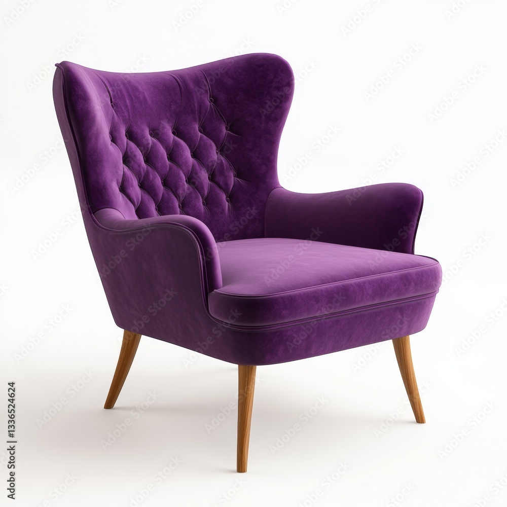 Purple velvet wingback chair with wooden legs. A stylish accent chair with a deep purple velvet upholstery, wing-shaped back, and light wooden legs. The tufted diamond pattern adds visual interest Purple velvet wingback chair with wooden legs. A stylish accent chair with a deep purple velvet upholstery, wing-shaped back, and light wooden legs. The tufted diamond pattern adds visual interest