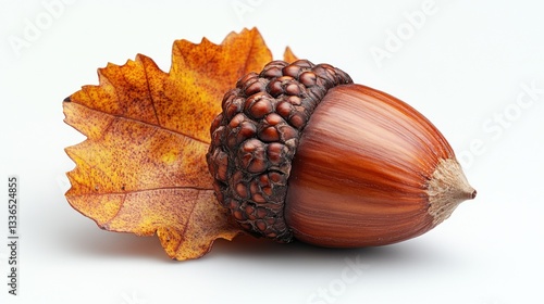 Close-up of a ripe acorn with a dried autumn leaf.