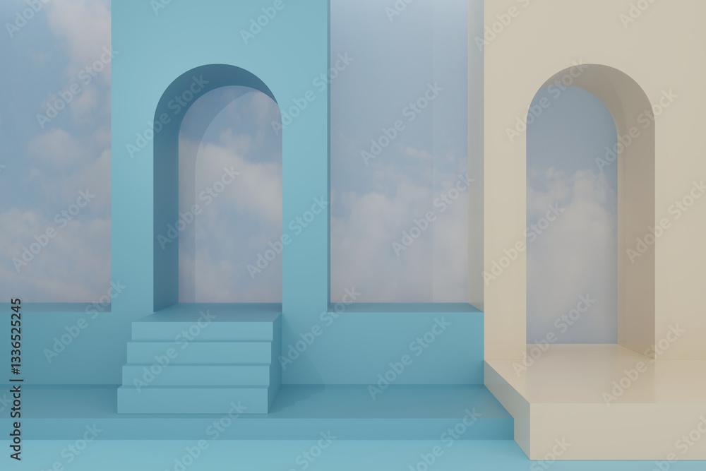 Sky podium, geometric abstract design, stair step, 3D rendering. Sky podium, geometric abstract design, stair step, 3D rendering.