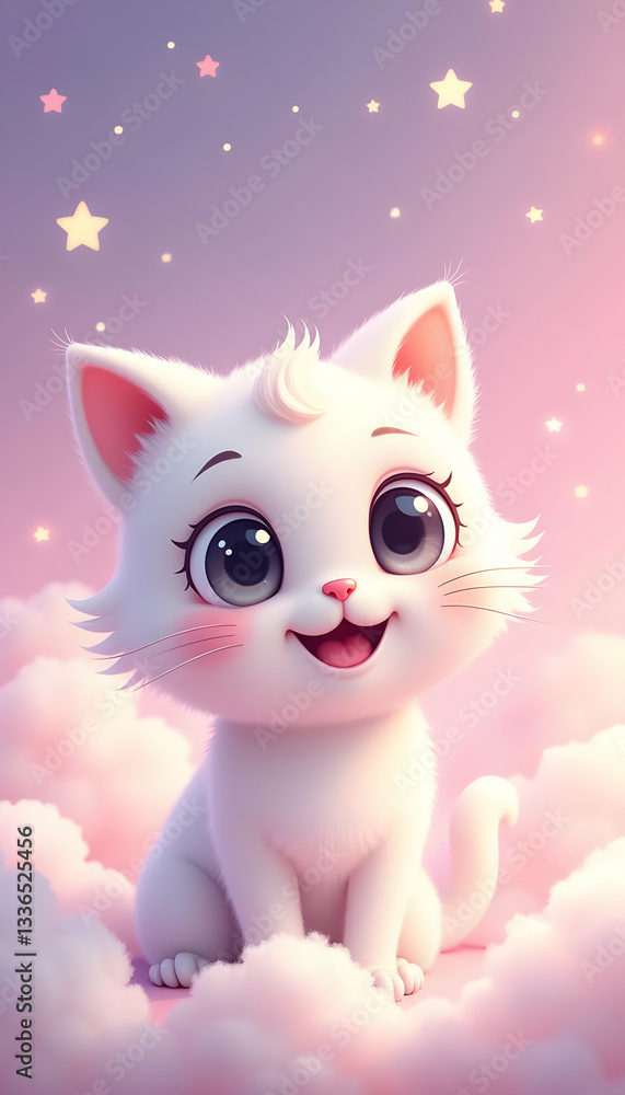 Fototapeta premium Cute Cat Illustration with Stars on a Pink and Purple Background