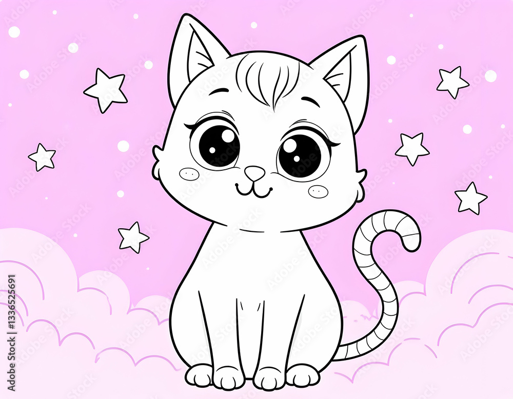 Obraz premium Cute Cat Illustration with Stars on a Pink and Purple Background