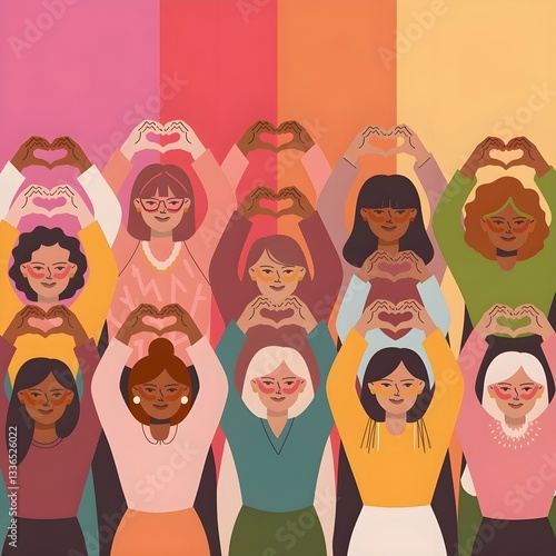 An inspiring illustration of a diverse group of women of different ethnicities and backgrounds raising their hands in the shape of a heart, set against a vibrant gradient background blending pink