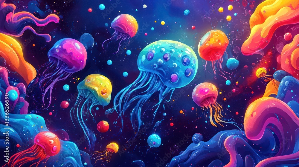 Naklejka premium Vibrant jellyfish swim in a cosmic, abstract ocean.