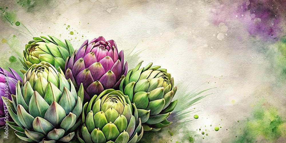 A Vibrant Watercolor Depiction of a Cluster of Artichokes, Showcasing Their Intricate Details and a Range of Hues, Set Against a Soft Textured Background with Subtle Watercolor Splashes A Vibrant Watercolor Depiction of a Cluster of Artichokes, Showcasing Their Intricate Details and a Range of Hues, Set Against a Soft Textured Background with Subtle Watercolor Splashes
