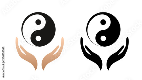 Yin Yang symbol with hands, colorful and black, represents balance and harmony concept