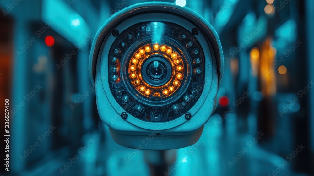 Close-up of a security camera lens with illuminated infrared LEDs, in a blurred city background at night. Close-up of a security camera lens with illuminated infrared LEDs, in a blurred city background at night.