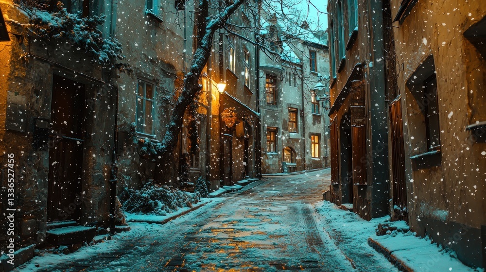 Fototapeta premium Snowy cobblestone street in old town at night.