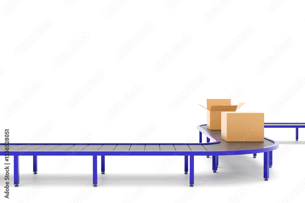 Fototapeta premium Conveyor belt, boxes pallets, Industry business logistics, 3D rendering.