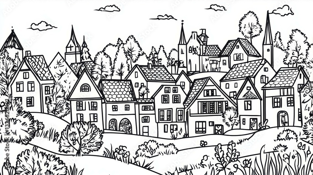 Fototapeta premium Charming Village Townscape Delineation Black Lines and White Spaces Tranquil Houses Trees and Churches