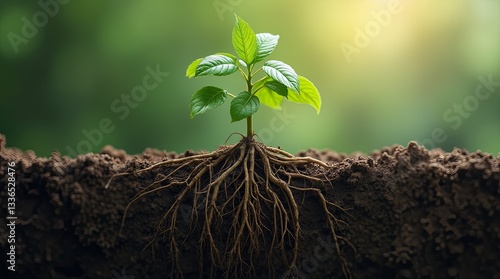 A small plant with its roots visible in the dirt
