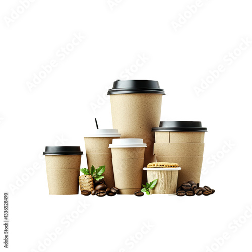 Assorted coffee cups, various sizes, on white background, coffee beans, cookies